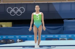 Gymnast Oksana Chusovitina prepares her vault at the Tokyo Olympics (Photo: YouTube)