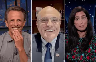 Seth Meyers and Sarah Silverman teamed up to take down Rudy Giuliani's Cameo cash grab last night. (Photos: NBC/ABC/Cameo)