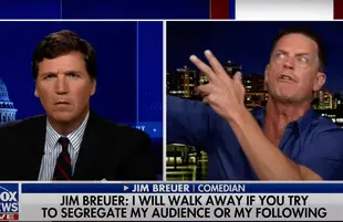 Tucker Carlson looks on as Jim Breuer spouts anti-vaxx talking points. (Photo: Fox News)