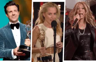 Jason Sudekis, Gillian Anderson and Rita Wilson at Sunday night's 73rd Primetime Emmy Awards. (CBS)