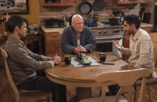 Parker Young, Dean Norris and Adhir Kalyan in a scene from the Season 2 premiere of United States of Al. (Photo: Michael Yarish/CBS)