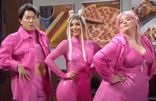 Bowen Yang, Kim Kardashian, and Aidy Bryant in SNL's unaired Costco sketch (Photo: NBC)