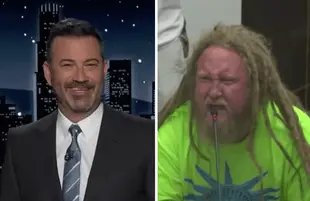 Jimmy Kimmel; a man protesting masks at a school board meeting (Photos: ABC)