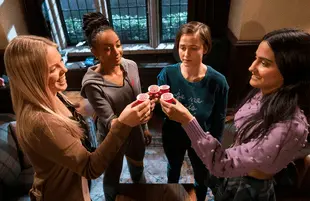 Reneé Rapp, Alyah Chanelle Scott, Pauline Chalamet, and Amrit Kaur star in The Sex Lives of College Girls.  (Photo: HBO Max)