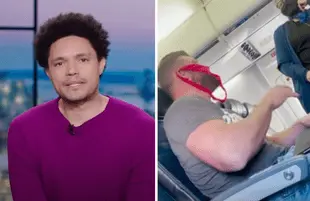 Trevor Noah on The Daily Show; man with a thong on his face on an airplane (Photos: Comedy Central)