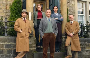 The cast of All Creatures Great and Small, from left: Samuel West, Rachel Shenton, Nicholas Ralph, Anna Madeley, and Callum Woodhouse. (Photo: PBS)