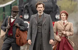 David Tennant (center) stars in Around the World in 80 Days with Ibrahim Koma (right) and Leonie Benesch (right)