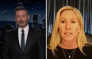 Jimmy Kimmel discusses Marjorie Taylor Greene's Gazpacho Police flub (Photos: ABC/OAN)