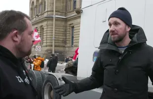 Jordan Klepper at the Canadian trucker protests (Photo: Comedy Central)