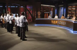 Robert Del Grande, Kristen Kish, Padma Lakshmi, Tom Colicchio and Gail Simmons in the season premiere of Top Chef: Houston. (Photo: David Moir/Bravo)