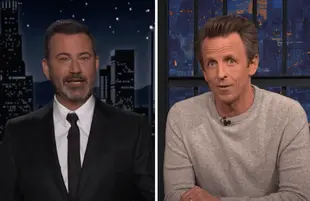 Jimmy Kimmel and Seth Meyers discuss Truth Social (Photos: ABC, NBC)