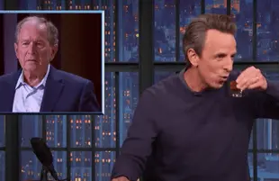 Seth Meyers takes a shot on Late Night (Photo: NBC)
