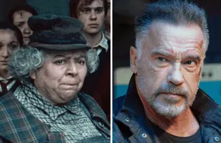 Miriam Margolyes in Harry Potter and the Deathly Hallows: Part 2; Arnold Schwarzenegger in Terminator: Dark Fate (Photos: Everett Collection)