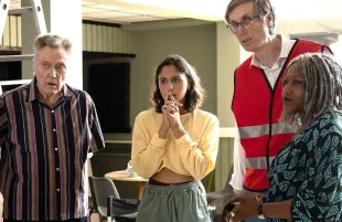 Christopher Walken, Rhianne Barreto, Stephen Merchant and Clare Perkins in The Outlaws Season 2. (Photo: BBC)  