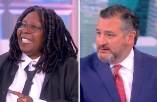 Whoopi Goldberg yelled at off-screen protestors who interrupted Ted Cruz's interview on The View this morning. (Photos: ABC)