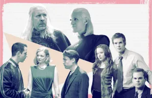 The Roy siblings in Succession, Viserys and Daemon in House of the Dragon, and the Fisher siblings in Six Feet Under (Photos: HBO/Primetimer graphic)