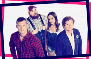 Jared Keeso, K. Trevor Wilson, Michelle Mylett, and Nathan Dales in Letterkenny