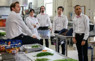 Ryan Hansen, Zoë Chao, Martin Starr, Adam Scott, and Tyrel Jackson Williams in Party Down