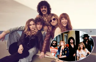 The cast of Daisy Jones & The Six and (inset) Fleetwood Mac in the 1970s. (Photos: Prime Video and the Everett Collection / Primetimer graphic)