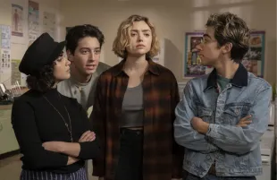 Sarah Yarkin, Milo Mannheim, Peyton List, and Nick Pugliese in School Spirits. (Photo Credit: Ed Araquel/Paramount+) 