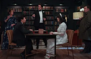 Elizabeth Perkins, Ken Jeong, Zach Woods, Poppy Liu, and Paul Walter Hauser in The Afterparty (Photo: Apple TV+)
