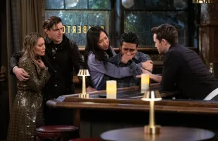 Hilary Duff, Chris Lowell, Tien Tran, Suraj Sharma, and Tom Ainsley in How I Met Your Father (Photo: Hulu)