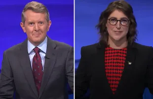 Ken Jennings and Mayim Bialik (photo: Jeopardy productions)