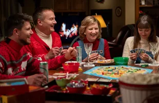 Robbie Amell, Michael Hitchcock, Kathryn Greenwood, and Leighton Meester in Exmas (Photo: Amazon Studios)