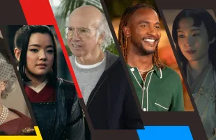 Left to right: Avatar: The Last Airbender, Curb Your Enthusiasm, Couple to Throuple, Shogun (Photos: Netflix/HBO/Peacock/FX; Primetimer graphic)