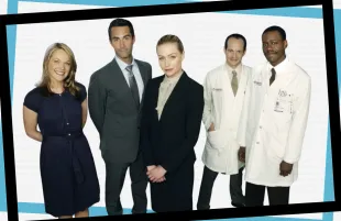 Andrea Anders, Jay Harrington, Portia de Rossi, Jonathan Slavin, and Malcolm Barrett in Better Off Ted (Photo: Everett Collection; Primetimer graphic)