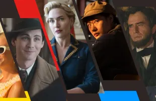 Left to right: Palm Royale, We Were the Lucky Ones, The Regime, 3 Body Problem, Manhunt (Photos: Apple TV+/Hulu/HBO/Netflix; Primetimer graphic)