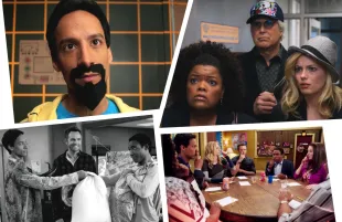 Clockwise: Danny Pudi, Yvette Nicole Brown, Chevy Chase, Gillian Jacobs, Alison Brie, Joel McHale, and Donald Glover (Screenshots: Community)