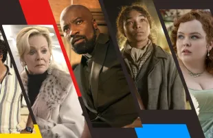 Left to right: Hacks, Evil, Interview With the Vampire, Bridgerton (Photos: Max/Paramount+/AMC/Netflix; Primetimer graphic)