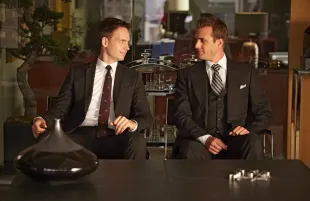 SUITS, l-r: Patrick J. Adams, Gabriel Macht in 'Unfinished Business' (Season 3, Episode 3, aired July 30, 2013), 2011-, ph: Ian Watson/©USA Network/courtesy Everett Collection