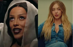 Doja Cat mocks Sydney Sweeney's American Eagle jeans ad in new TikTok video (Image via YouTube/@dojacatVEVO and @americaneagle)