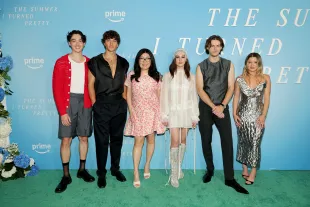 NEW YORK, NEW YORK - JULY 16: (L-R) Sean Kaufman, Gavin Casalegno, Jenny Han, Lola Tung, Christopher Briney and Rain Spencer attend "The Summer I Turned Pretty" Season 3 New York Launch Event at Refinery Rooftop on July 16, 2025 in New York City. (Photo by Dia Dipasupil/WireImage)