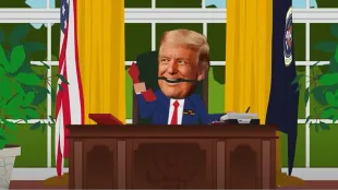 South Park’s Season 27 premiere, Sermon on the ’Mount, satirizes Donald Trump in the Oval Office. Image courtesy: Youtube/@South Park Studios (official).