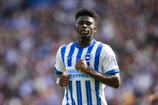 Carlos Baleba during a Premier League match between Brighton & Hove Albion FC and Leicester City FC at Amex Stadium in April 2025 in Brighton (Image via Mike Hewitt/Getty Images)