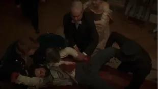 George Russell is carried into his Fifth Avenue mansion after the shooting, opening the Season 3 finale My Mind Is Made Up and setting up the emergency operation that follows. (Image via Youtube/@ HBO Max)