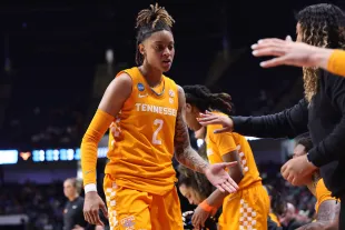 Ruby Whitehorn representing the Tennessee Lady Vols against the Texas Longhorns in a March 2025 game in Birmingham, Alabama (Image via Carmen Mandato/Getty Images)