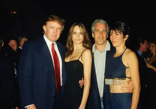 Donald Trump, Melania Trump, Jeffrey Epstein, and Ghislaine Maxwell at the Mar-a-Lago club, Palm Beach, Florida, February 12, 2000 (Image via Getty)