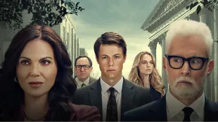 Lana Parrilla (Bruiser Stone), P.J. Byrne (Deck Shifflet), Milo Callaghan (Rudy Baylor), Madison Iseman (Sarah Plankmore), and John Slattery (Leo F. Drummond) in The Rainmaker. Image courtesy of USA Network.