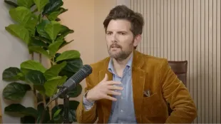 Adam Scott in Good Hang podcast with Amy Poehler (Image via Youtube/@ Good Hang with Amy Poehler)
