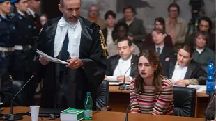 The Twisted Tale of Amanda Knox, Grace Van Patten as Amanda during a courtroom sequence. Image courtesy: Hulu.