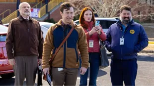 English Teacher, Faculty at Morrison-Hensley High gather outside the school. Photo: ©FX / Courtesy FX Networks & Hulu.
