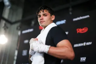 SAN DIEGO, CALIFORNIA - APRIL 17: Ryan Garcia poses during a media workout at The BXNG Club ahead of his WBA regular Welterweight fight against Rolando Romero on April 17, 2025 in San Diego, California. (Photo by Cris Esqueda/Golden Boy/Getty Images)