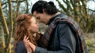 Harriet Slater as Ellen MacKenzie and Jamie Roy as Brian Fraser in Outlander: Blood of My Blood episode 5, Needfire. Photo: © STARZ / Courtesy STARZ.