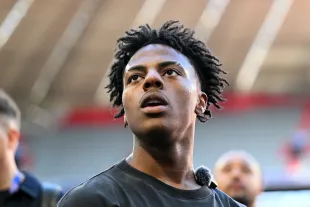 IShowSpeed, American YouTuber and online streamer looks on during a Paris Saint-Germain training session (Image via Getty)