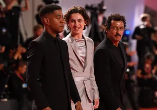 VENICE, ITALY - SEPTEMBER 02:  (L-R) Kid Cudi, Timothee Chalamet and Haider Ackermann attend "The King" red carpet during the 76th Venice Film Festival at Sala Grande on September 02, 2019 in Venice, Italy. (Photo by Pascal Le Segretain/Getty Images)