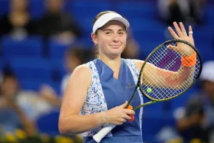 ZHUHAI, CHINA - OCTOBER 26: Jelena Ostapenko of Latvia celebrates after winning the match against Donna Vekic of Croatia in the women's singles round of 16 matches on Day 3 of the WTA Elite Trophy Zhuhai 2023 at Hengqin Tennis Center on October 26, 2023 in Zhuhai, China. (Photo by Fred Lee/Getty Images)